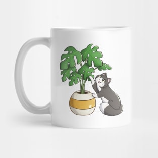 Cat Playing With Monstera Leaf Mug